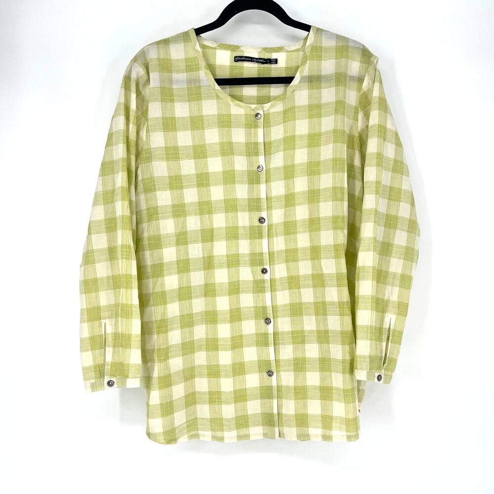 Gudrun Sjoden Ellinor Blouse Green Check Cotton Button Front Large